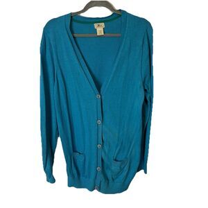 LL Bean Cardigan Sweater Cotton Cashmere Blend Bright Turquoise Size Large-Reg.
